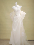 Romantic Bridal Gown Mermaid One Shoulder Ivory Satin Wedding Dresses Minimalist Bridal Gowns HZ1214