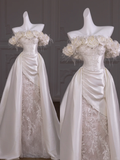 Pretty Wedding Dress Sheath Strapless White Satin Long Wedding Dresses With Flowers Bridal Gowns HZ1214