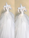 Pretty Wedding Dress Ball Gown Off The Shoulder White Satin Long Wedding Dresses With Flowers Bridal Gowns HZ1214