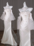 Dreamy Wedding Dress Mermaid Off The Shoulder White Satin Summer Long Wedding Dresses Bridal Gowns With Sleeves HZ1214