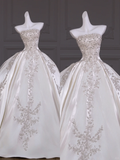 Pretty Wedding Dress Ball Gown Strapless Satin Long Appliques White Wedding Dresses Bridal Gowns HZ1214
