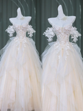 Dreamy Wedding Dress Ball Gown Off The Shoulder White Tulle Summer Long Wedding Dresses Bridal Gowns With Sleeves HZ1214