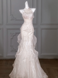 Pretty Wedding Dress Sheath High Neck Lace Long Wedding Dresses Summer Country Bridal Gowns HZ1214