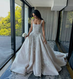 Pretty Wedding Dress Ball Gown Square Neck Lace White Wedding Dresses Bridal Gowns HZ1214