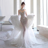 Retro Wedding Dress Mermaid Sweetheart Sequin Long White Wedding Dresses Bridal Gowns HZ1214