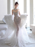 Retro Wedding Dress Mermaid Sweetheart Sequin Long White Wedding Dresses Bridal Gowns HZ1214