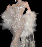 Retro Wedding Dress Mermaid Round Neck Sequin Long White Wedding Dresses Bridal Gowns HZ1214