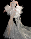 Retro Wedding Dress Mermaid Round Neck Sequin Long White Wedding Dresses Bridal Gowns HZ1214