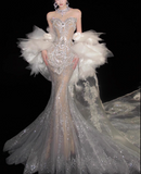Retro Wedding Dress Mermaid Round Neck Sequin Long White Wedding Dresses Bridal Gowns HZ1214
