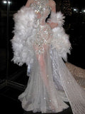 Retro Wedding Dress Mermaid Round Neck Sequin Long White Wedding Dresses Bridal Gowns HZ1214