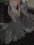 Sexy Wedding Dress Mermaid Round Neck Sequin Long White Wedding Dresses Bridal Gowns HZ1214