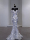 Sparkly Wedding Dress Mermaid Off The Shoulder Sequin Long White Wedding Dresses Brides Dress Bridal Gowns HZ1214