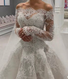 Romantic Bridal Gown Ball Gown Off The Shoulder White Lace Floor Length Wedding Dresses Minimalist Bridal Gowns HZ1214