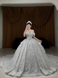 Romantic Bridal Gown Ball Gown Off The Shoulder White Tulle Floor Length Long Sleeves Wedding Dresses Minimalist Bridal Gowns HZ1214