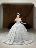 Romantic Bridal Gown Ball Gown Off The Shoulder White Tulle Floor Length Long Sleeves Wedding Dresses Minimalist Bridal Gowns HZ1214