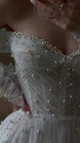 Romantic Bridal Gown Ball Gown Off The Shoulder White Tulle Pearls Floor Length Long Sleeves Wedding Dresses Minimalist Bridal Gowns HZ1214