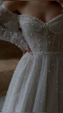 Romantic Bridal Gown Ball Gown Off The Shoulder White Tulle Pearls Floor Length Long Sleeves Wedding Dresses Minimalist Bridal Gowns HZ1214