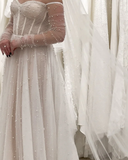 Romantic Bridal Gown Ball Gown Off The Shoulder White Tulle Pearls Floor Length Long Sleeves Wedding Dresses Minimalist Bridal Gowns HZ1214