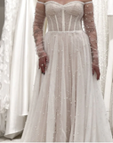 Romantic Bridal Gown Ball Gown Off The Shoulder White Tulle Pearls Floor Length Long Sleeves Wedding Dresses Minimalist Bridal Gowns HZ1214