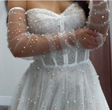 Romantic Bridal Gown Ball Gown Off The Shoulder White Tulle Pearls Floor Length Long Sleeves Wedding Dresses Minimalist Bridal Gowns HZ1214