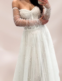 Romantic Bridal Gown Ball Gown Off The Shoulder White Tulle Pearls Floor Length Long Sleeves Wedding Dresses Minimalist Bridal Gowns HZ1214