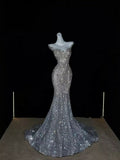 Sparkly Wedding Dress Mermaid Scoop Sequin Long Silver Corset Back Wedding Dresses Brides Dress Bridal Gowns HZ1214