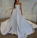 Pretty Wedding Dress Ball Gown Strapless Ivory Satin Long Wedding Dresses Bridal Gowns HZ1214
