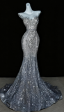 Sparkly Wedding Dress Mermaid Scoop Sequin Long Silver Corset Back Wedding Dresses Brides Dress Bridal Gowns HZ1214