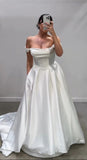 Romantic Bridal Gown Ball Gown Off The Shoulder White Satin Ruffles Floor Length Long Wedding Dresses Minimalist Bridal Gowns HZ1214