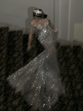 Retro Wedding Dress Mermaid Scoop Sequin Pearls Long Silver Wedding Dresses Bride Dress Bridal Gowns HZ1214