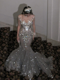 Retro Wedding Dress Mermaid Scoop Sequin Pearls Long Silver Wedding Dresses Bride Dress Bridal Gowns HZ1214