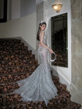 Retro Wedding Dress Mermaid Scoop Sequin Pearls Long Silver Wedding Dresses Bride Dress Bridal Gowns HZ1214
