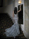 Retro Wedding Dress Mermaid Scoop Sequin Pearls Long Silver Wedding Dresses Bride Dress Bridal Gowns HZ1214