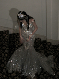 Retro Wedding Dress Mermaid Scoop Sequin Pearls Long Silver Wedding Dresses Bride Dress Bridal Gowns HZ1214