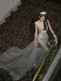 Sexy Wedding Dress Mermaid Scoop Sequin Pearls Long Silver Wedding Dresses Bride Dress Bridal Gowns With Train HZ1214