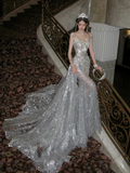 Sexy Wedding Dress Mermaid Scoop Sequin Pearls Long Silver Wedding Dresses Bride Dress Bridal Gowns With Train HZ1214
