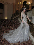 Sexy Wedding Dress Mermaid Scoop Sequin Pearls Long Silver Wedding Dresses Bride Dress Bridal Gowns With Train HZ1214