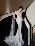 Sparkly Wedding Dress Mermaid Sequin Long Silver Wedding Dresses Brides Dress Bridal Gowns HZ1214