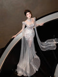 Sparkly Wedding Dress Mermaid Sequin Long Silver Wedding Dresses Brides Dress Bridal Gowns HZ1214