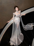 Sparkly Wedding Dress Mermaid Sequin Long Silver Wedding Dresses Brides Dress Bridal Gowns HZ1214