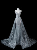 Sexy Wedding Dress Mermaid Sequin Beads Long Silver Wedding Dresses Bride Dress Bridal Gowns With Train HZ1214