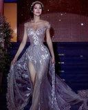 Sparkly Wedding Dress Mermaid Off The Shoulder Sequin Long Silver Slit Wedding Dresses Brides Dress Bridal Gowns HZ1214