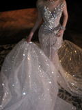 Sexy Wedding Dress Mermaid Sequin Beads Long Silver Wedding Dresses Bride Dress Bridal Gowns HZ1214