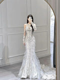 Modest Wedding Dress Mermaid Scoop Lace Long White Wedding Dresses Brides Dress Bridal Gowns With Gloves HZ1214