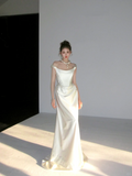 Dreamy Wedding Dress Sheath Off The Shoulder White Satin Summer Long Wedding Dresses Bridal Gowns HZ1214