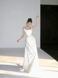 Dreamy Wedding Dress Sheath Off The Shoulder White Satin Summer Long Wedding Dresses Bridal Gowns HZ1214