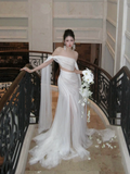Simple Wedding Dress Sheath Off The Shoulder Summer Long Tulle White Wedding Dresses Bride Dress Bridal Gowns HZ1214