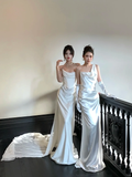 Simple Wedding Dress Mermaid Strapless Summer Long Satin White Wedding Dresses Bride Dress Bridal Gowns HZ1214