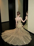 Classy Mermaid Scoop Sequin Gold Long Prom Dresses Party Dress Birthday Outfits Graduation Dresses HZ1214