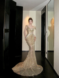 Classy Mermaid Scoop Sequin Gold Long Prom Dresses Party Dress Birthday Outfits Graduation Dresses HZ1214